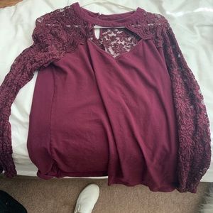 Torrid burgundy long sleeve shirt with lace.
